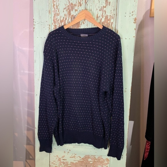 Men’s Land’s End navy blue crew neck sweater with pink dots made in USA size XL
